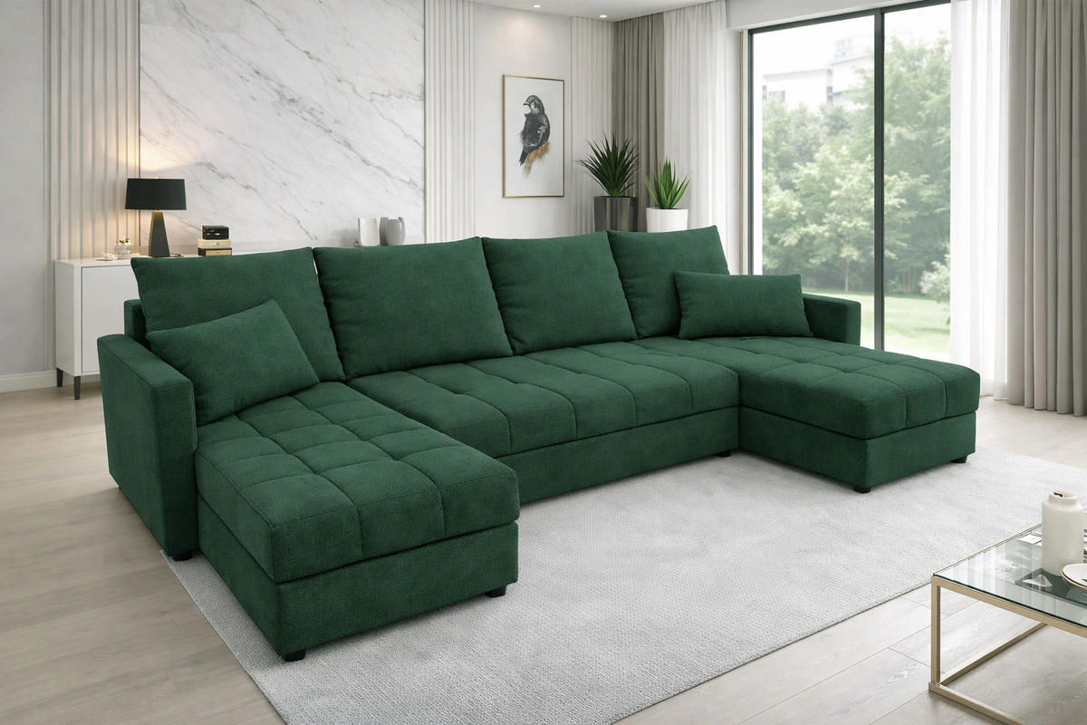 WOHNLANDSCHAFT AURELIA – Ecksofa in U-Form mit Schlaffunktion, Bettkasten & Kissen Stoff KRONOS 287 cm Grün - Grün, Kunststoff (287/140cm) - Wohnideebilder