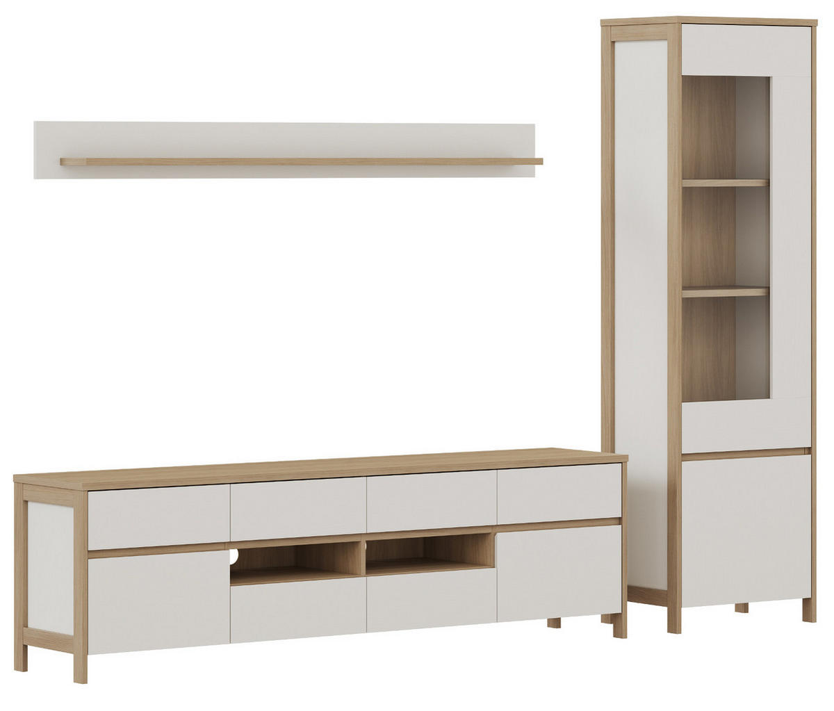 WOHNWAND weiß, Eiche, Wohnkombination skandinavisch 3-teilig 266 cm, Soft-Close, Finnes - Eichefarben/Weiß, Holzwerkstoff/Metall (266/195/39cm) - Furn.Design