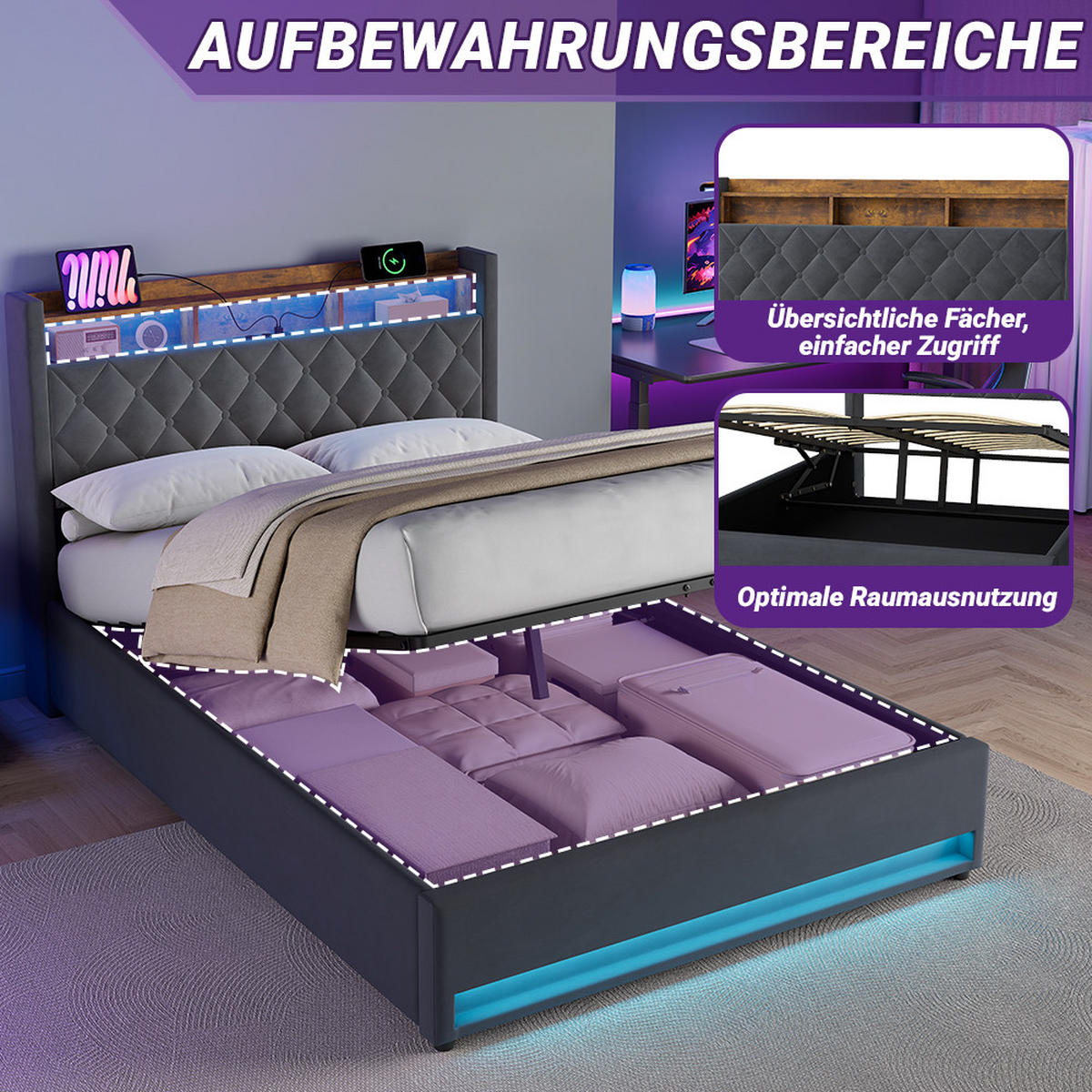 POLSTERBETT 140/190 cm in Grau, Samt, mit Bettkasten, USB, LED, ohne Matratze - Grau, Holzwerkstoff/Textil (140/190cm) - WISHDOR