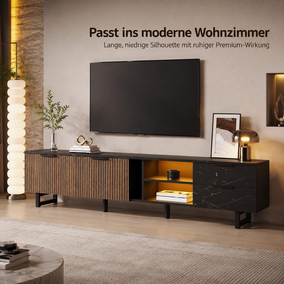 LOWBOARD 200/38/50 cm aus MDF mit LED-Beleuchtung und 15 cm Bodenfreiheit Schwarz (Marmoroptik) - Schwarz, Holzwerkstoff (200/50/38cm) - Modenvie