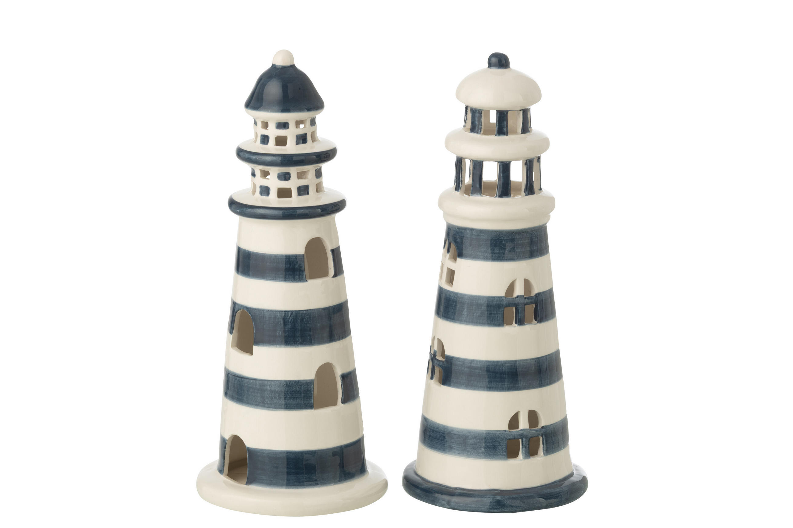DEKOOBJEKT LEUCHTTURM GESTREIFT (2ER SET) - Blau, Keramik (11.5/26.5/11.5cm) - J-Line