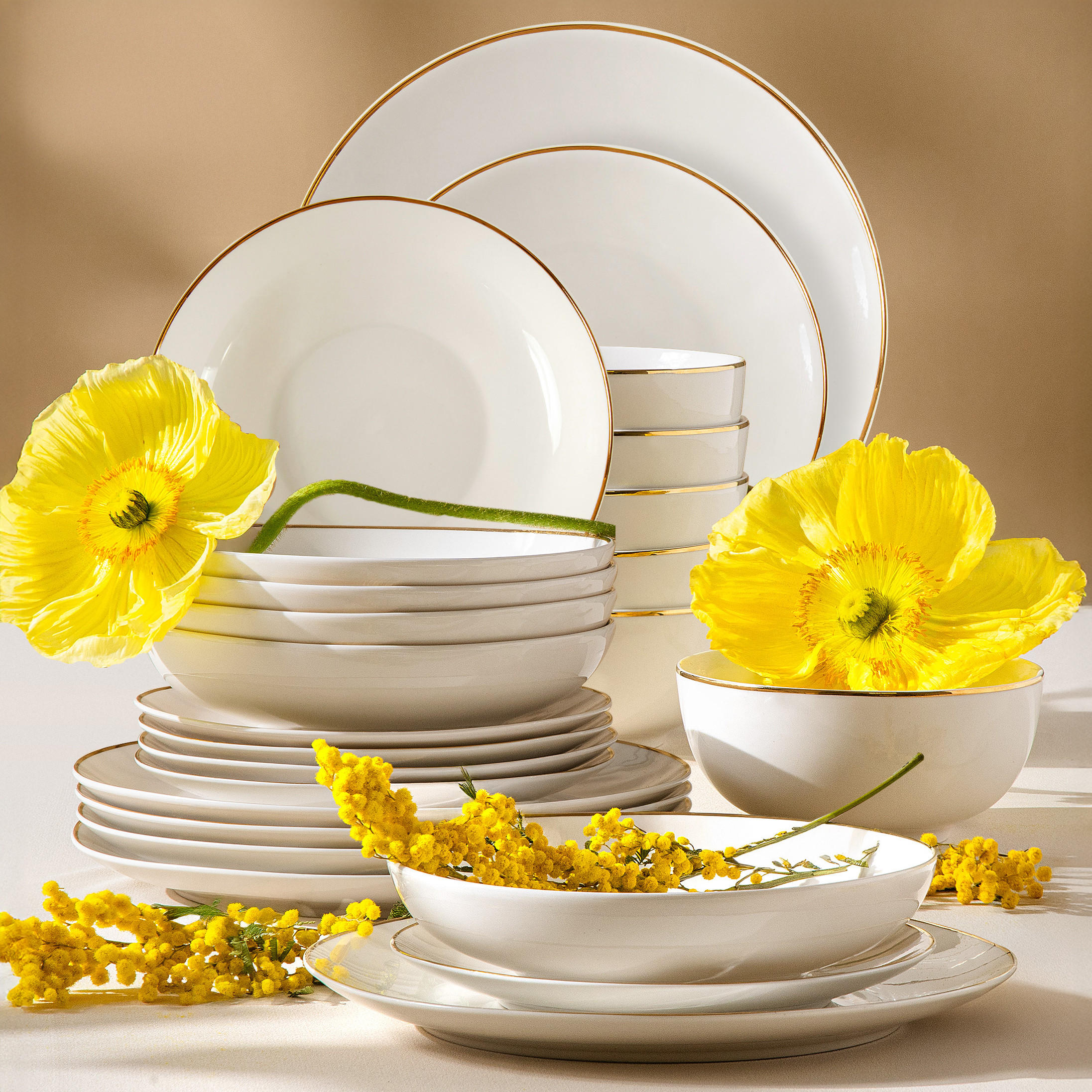 TAFELSERVICE AD BELLA, 6 Personen, 24-tlg - Ecru/Goldfarben, Keramik (26/5/26cm) - KONSIMO®