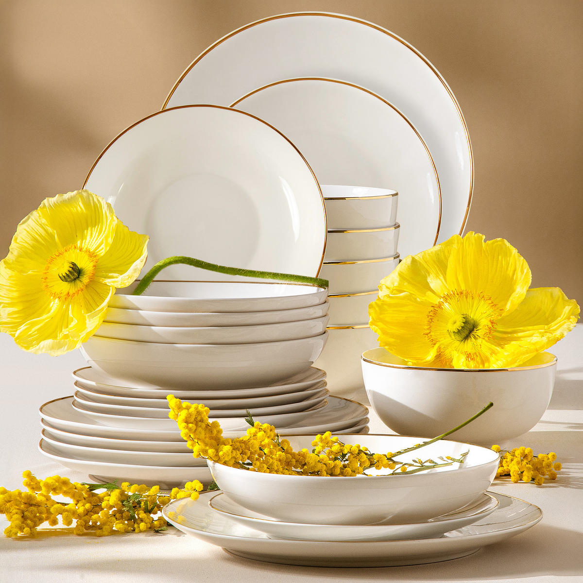 TAFELSERVICE AD BELLA, 6 Personen, 24-tlg - Ecru/Goldfarben, Keramik (26/5/26cm) - KONSIMO®