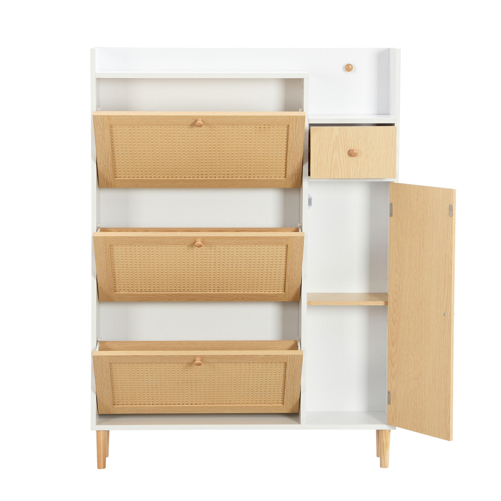 SCHUHSCHRANK Rattanoptik Weiß mit 3 Klappen, Schublade und Massivholzbeinen - Naturfarben, Holz (90/125/17cm) - PARAFTA HOME