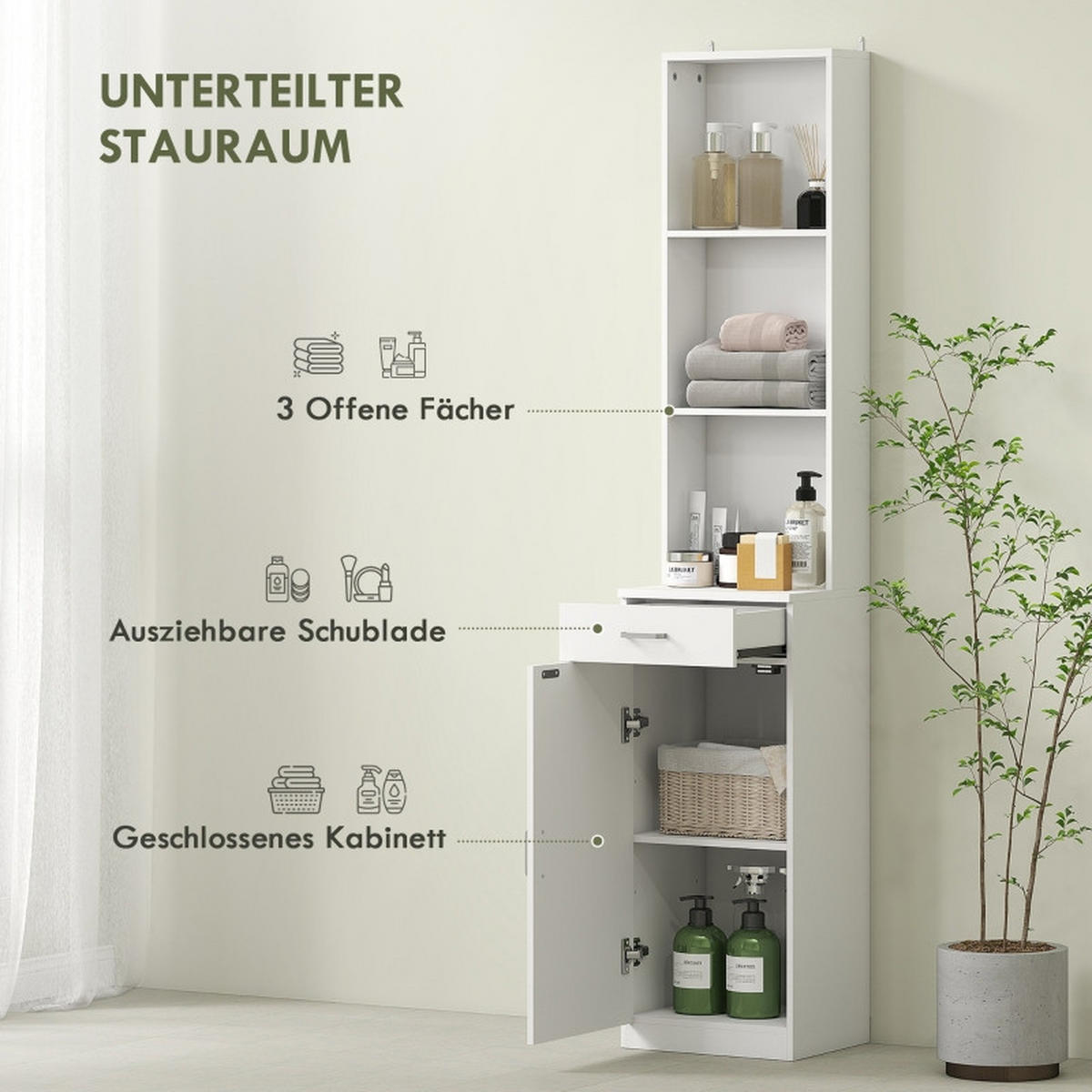 BADEZIMMER Hochschrank 35x30.5x179 cm Weiß mit Schrank, Schublade & offenen Fächern - Weiß, Holzwerkstoff (35/179/30.5cm) - Modfu