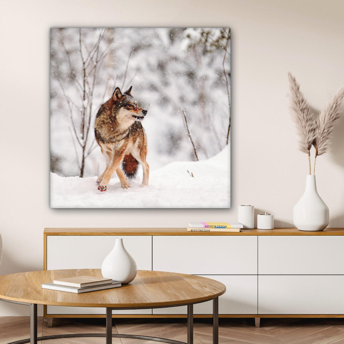 LEINWANDBILD Wolf - Winter - Schnee - Natur - Tiere 90x90 cm - Haselnussfarben, Textil (90/90cm) - MuchoWow