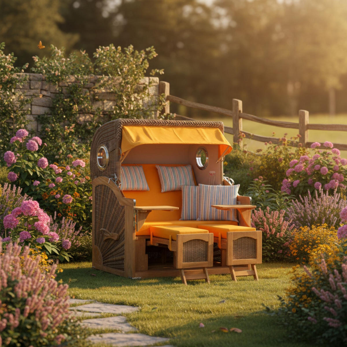 STRANDKORB XXL Düne Grande Teak Banana - Gelb/Braun, Metall (142/170/95cm) - Mr. Deko