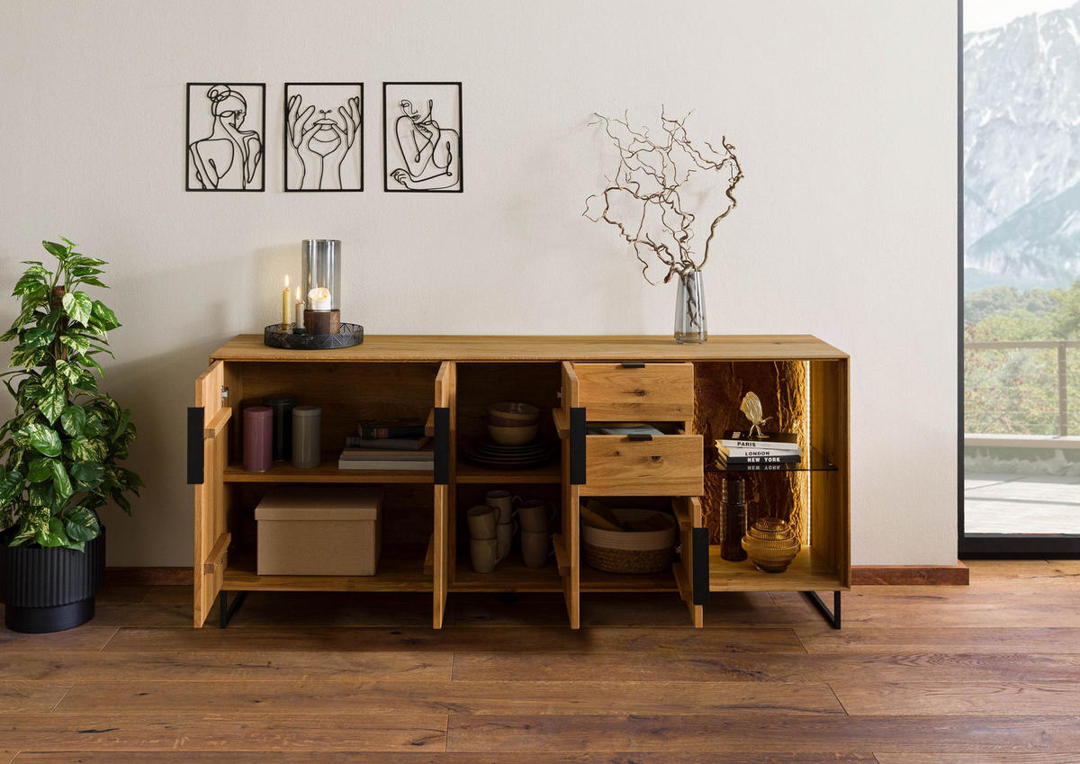 SIDEBOARD Wildeiche 180x43x79 natur geölt LINDAU #09 - Braun, Holz (180/79/43cm) - Massivmoebel24