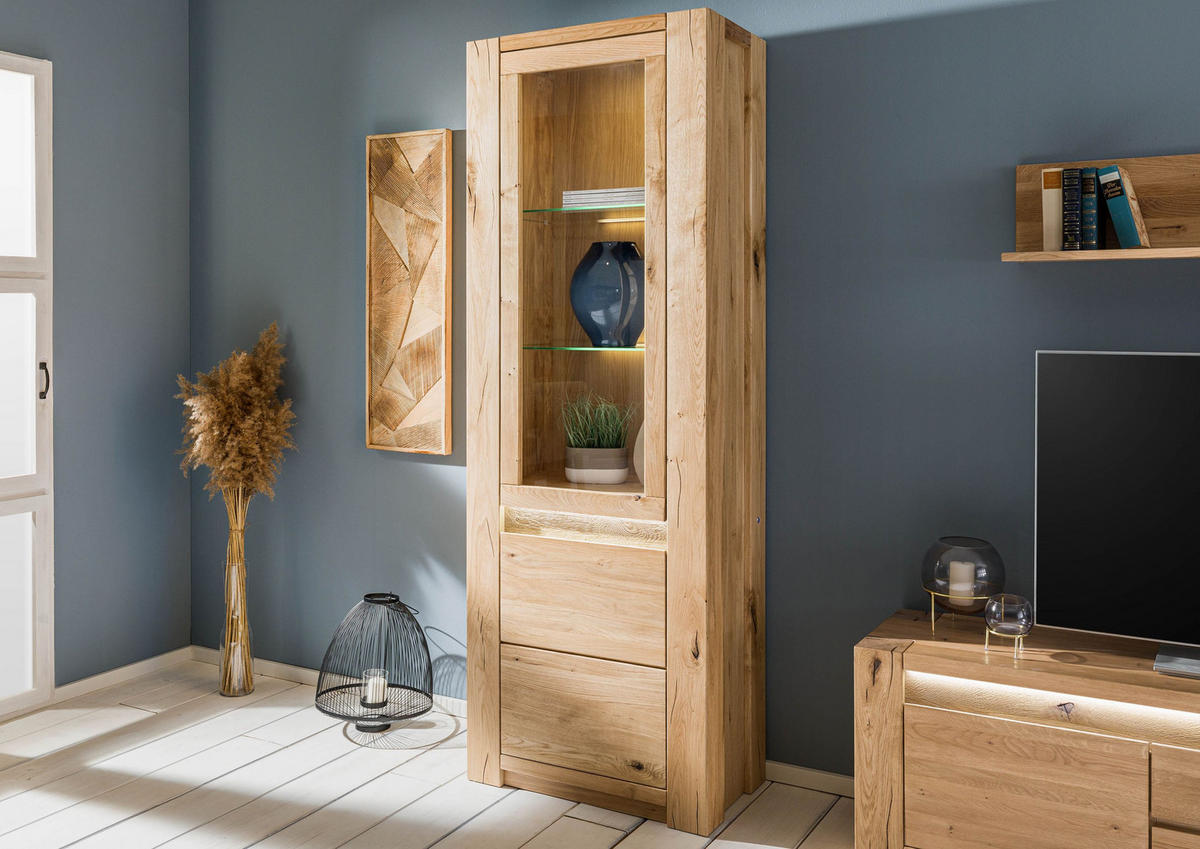 VITRINE Wildeiche 73x40x205 beige geölt KENT #201 - Hellbraun, Holz (73/205/40cm) - Massivmoebel24