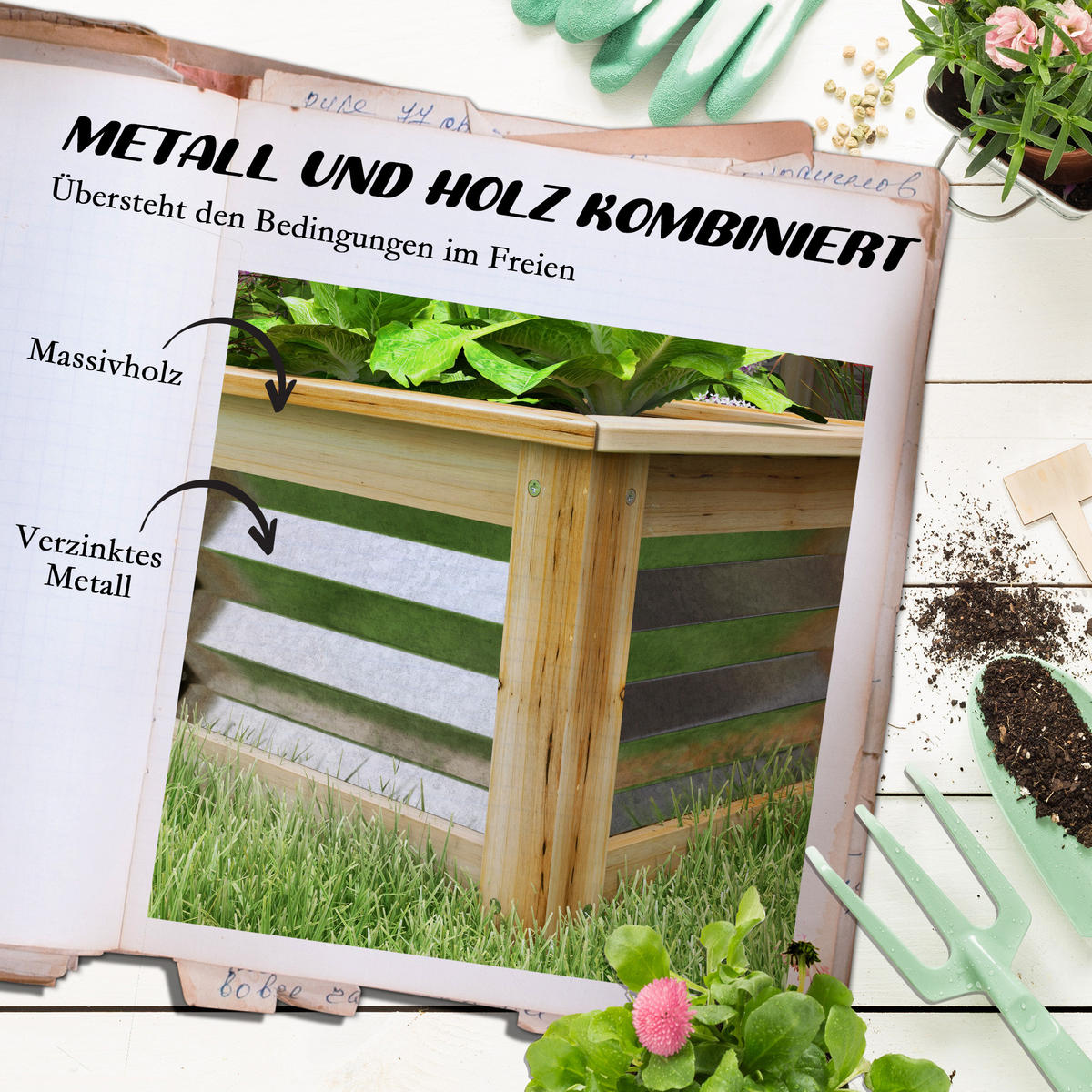 PFLANZENBEET, Kräuterbeet für Garten, Balkon, Natur, 45 x 45 x 30 cm - Naturfarben, Metall (45/30/45cm) - Outsunny