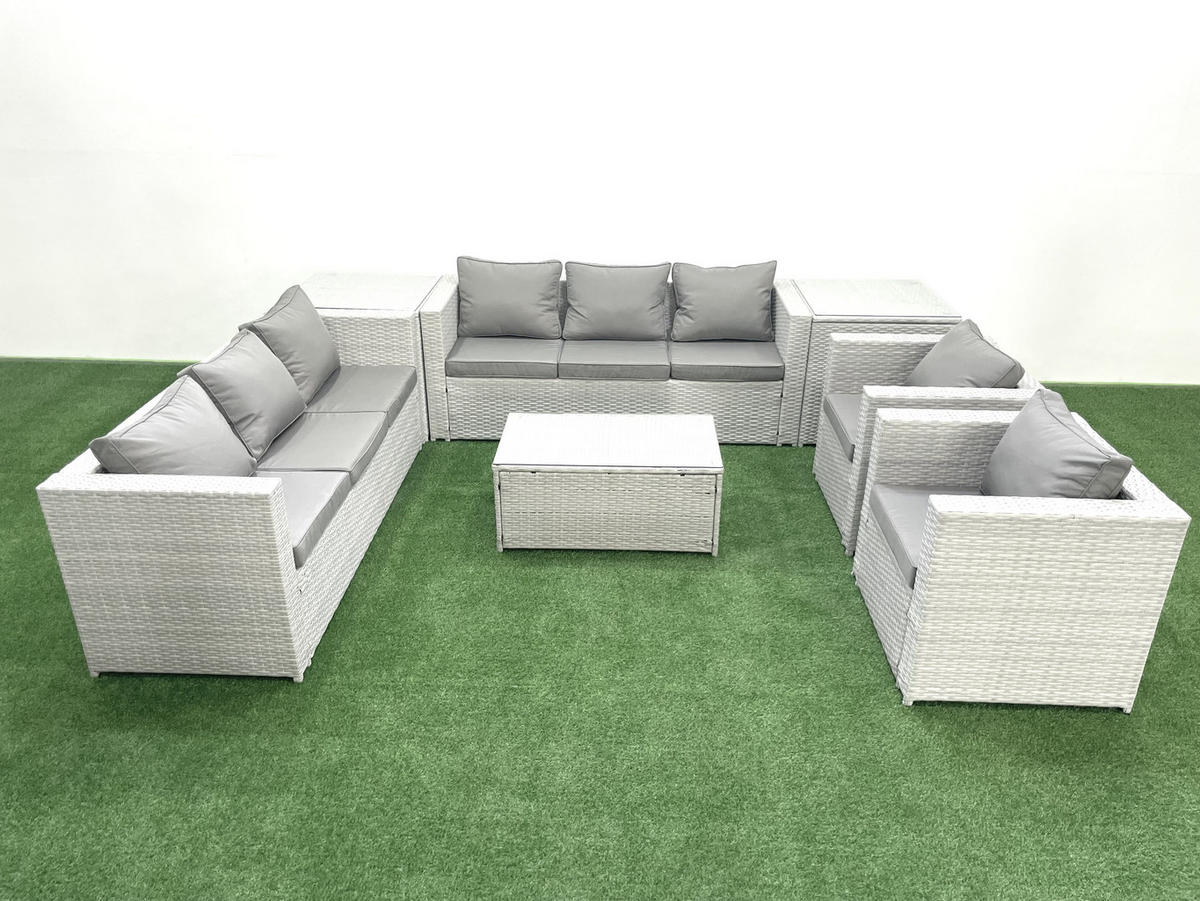 GARTENGARNITUR mit 3-SITZER SOFA,COUCHTISCH Polyrattan Hellgrau-Mix 8-Sitzer - Hellgrau/Grau, Glas/Kunststoff - Fimous