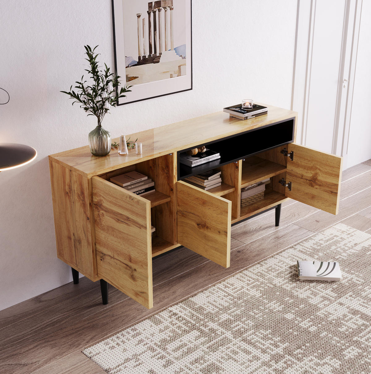 SIDEBOARD 160/35/76 cm in Schwarz/Holzfarben mit 3 Türen und verstellbaren Regalen - Naturfarben, Holzwerkstoff (160/76/35cm) - Flora Grace