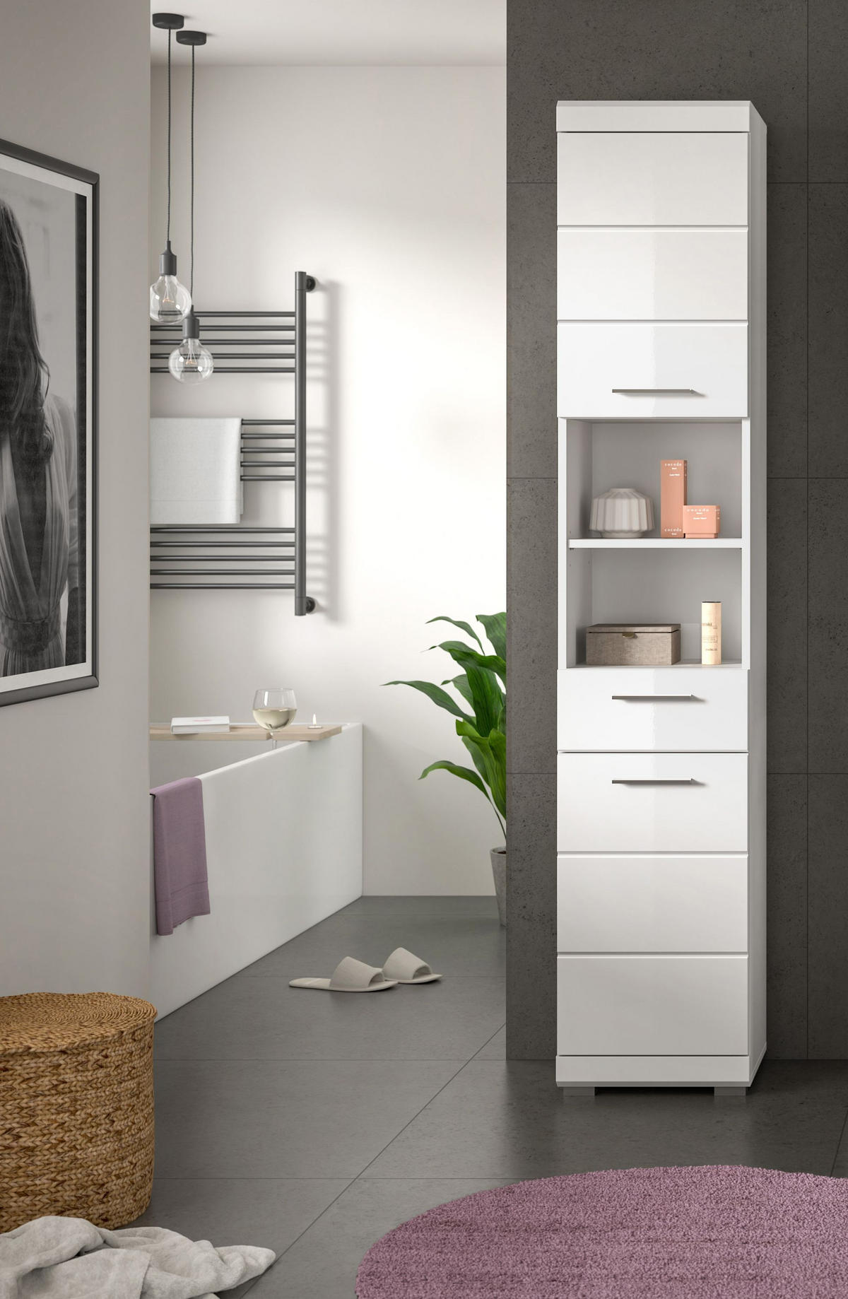 HOCHSCHRANK Scout Bad in weiß Nachbildung und weiß hochglanz B/H/T: 37x191x31 cm - Weiß, Holz (37/191/31cm)