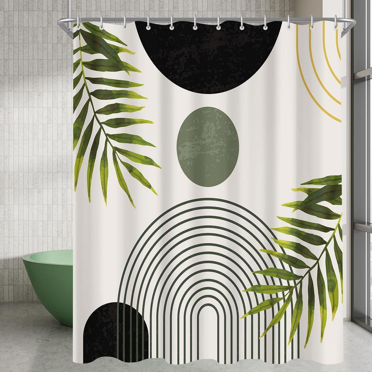 DUSCHVORHANG Schwarz Blätter Linie 180 x 160 cm - Multicolor, Textil (180/160cm)