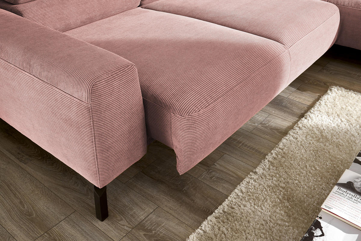 ECKSOFA MIT MOTORISCHEM SITZVORZUG DELIA Pink Cord - Pink/Schwarz, Textil/Metall (276/219cm) - KAWOLA