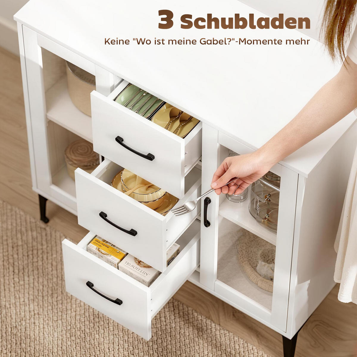 KOMMODE Sideboard mit 3 Schubladen 2 Glastüren verstellbaren Regalen Weiß - Transparent/Schwarz, Holzwerkstoff/Metall (38/86/90cm) - HOMCOM
