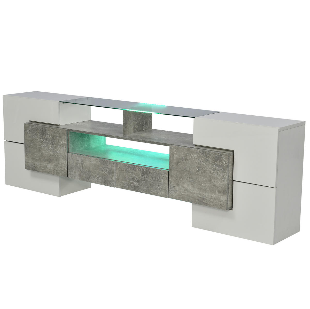 TV ormarić 200/35/60 cm bijeli visokog sjaja i sivi od MDF-a s LED rasvjetom i staklenom površinom - bijela, drvni materijal (200/60/35cm) - OKWISH