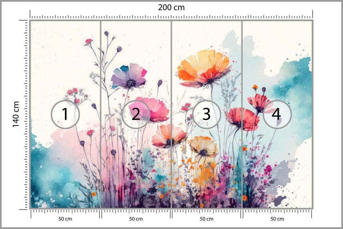 FOTOTAPETE für Schlafzimmer Abstrakte Bunte Wiesenblumen Aquarell 200x140 - Türkis/Rot, Papier (200/140cm) - Muralo