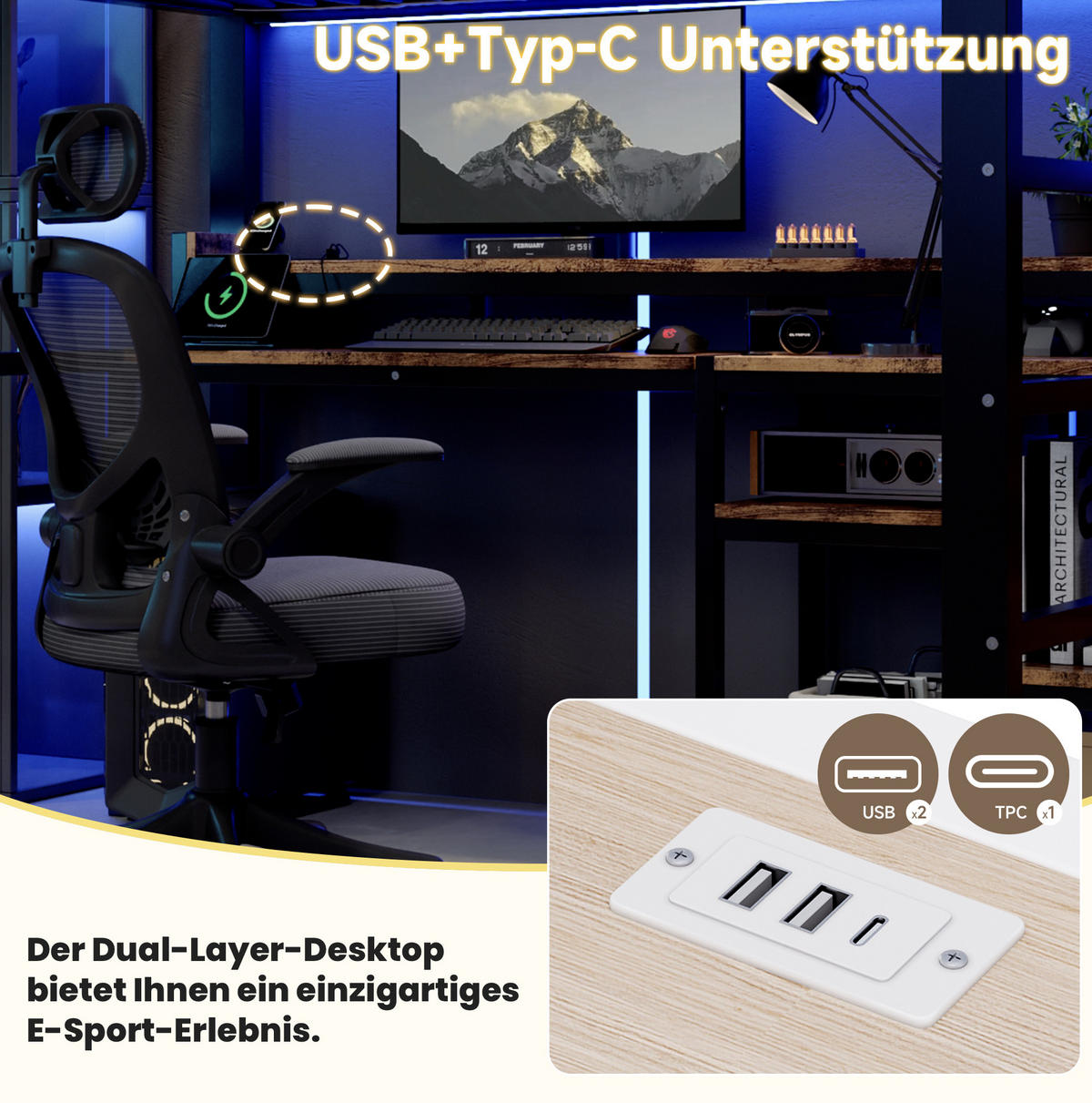 HOCHBETT aus Metall und MDF 140x200 cm Schwarz mit Leiterschrank, LED-Beleuchtung und USB-C-Anschluss - Schwarz, Holzwerkstoff (140/200cm) - IVMEU