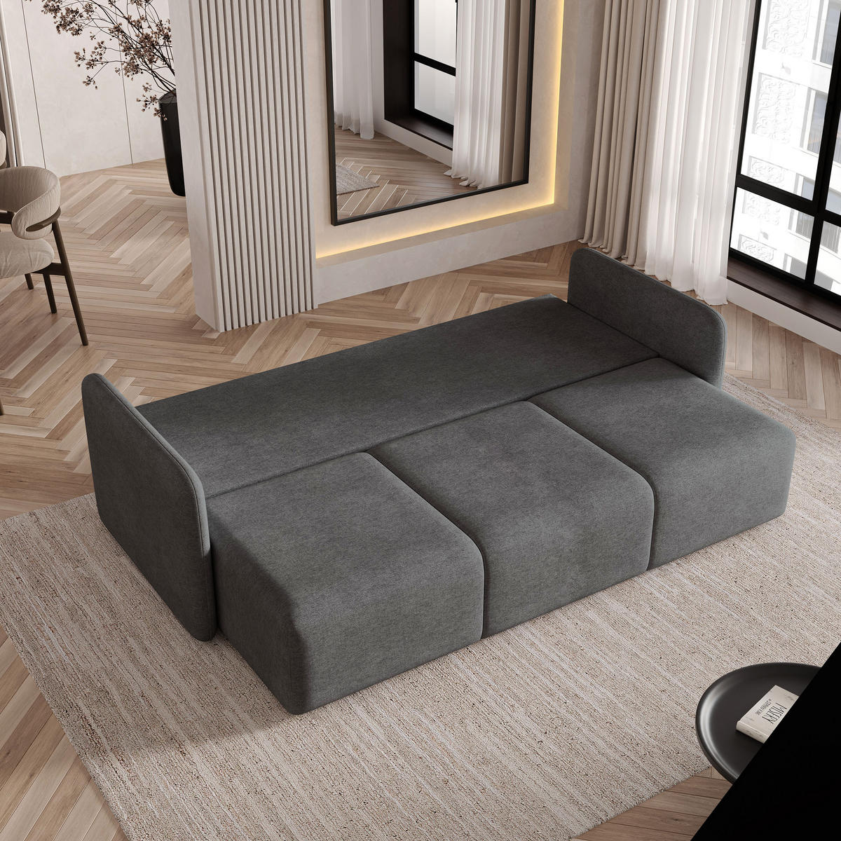 BETTSOFA SUVI III NV Grau Geflochtener Stoff mit Schlaffunktion - Grau, Textil (90/85/220cm) - MASSENO