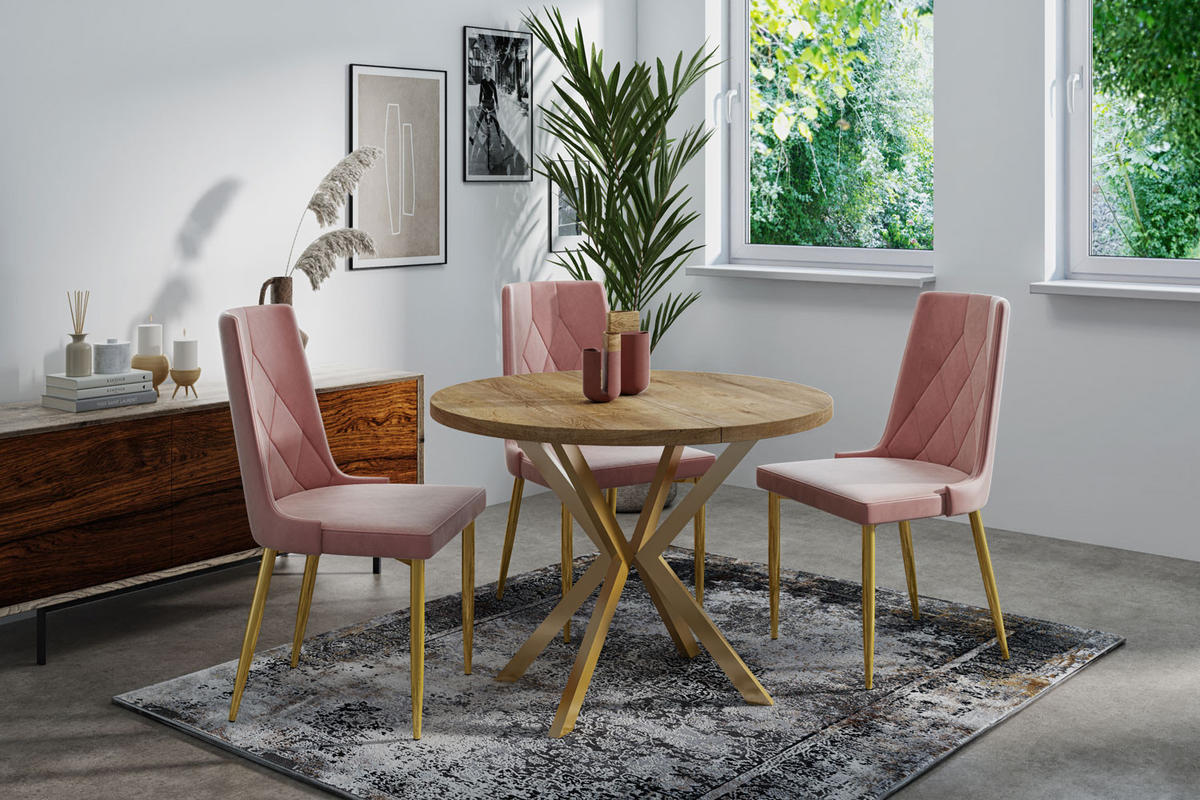 ESSTISCH Flora runder ausziehbarer, Lefkas Eiche 100-180/100/76 cm - Alteiche/Goldfarben, Holzwerkstoff/Metall (100/100/76cm) - WFL GROUP