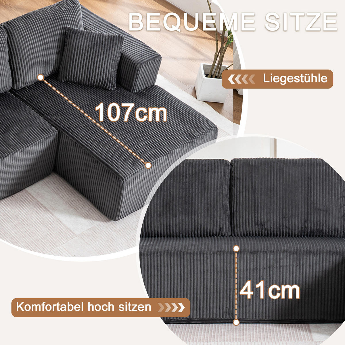 WOHNLANDSCHAFT Cord Grau mit Schlaffunktion und mit Kissen - Grau, Textil (332/88/156cm) - WISHDOR