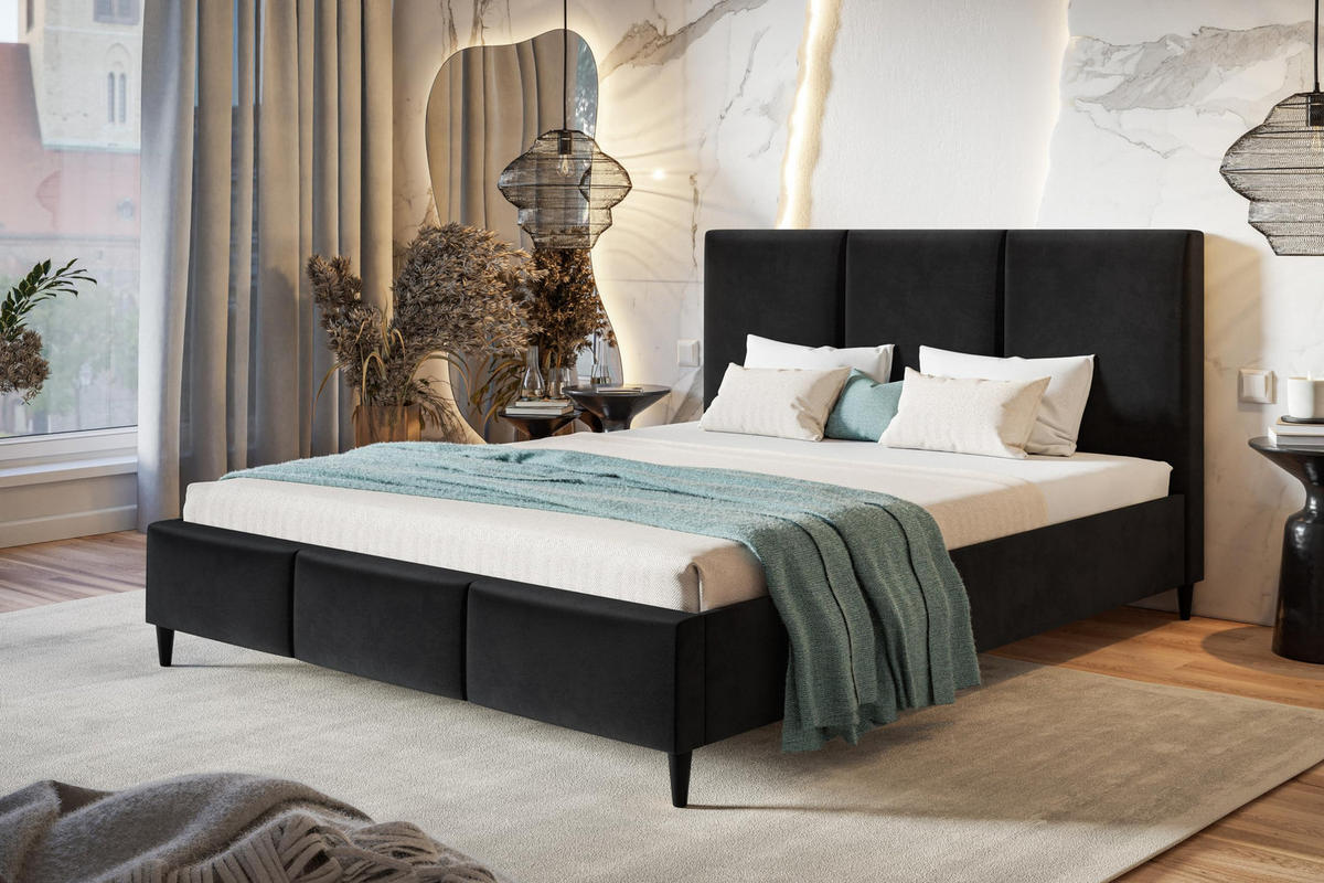 POLSTERBETT LUX Siena mit Kopfteil, 160 x 200 cm, Doppelbett mit Lattenrost aus Holz, Velourstoff Schwarz, Füße in Farbe: Schwarz - Schwarz, Holz/Textil (160/200cm) - Alpi-Möbel