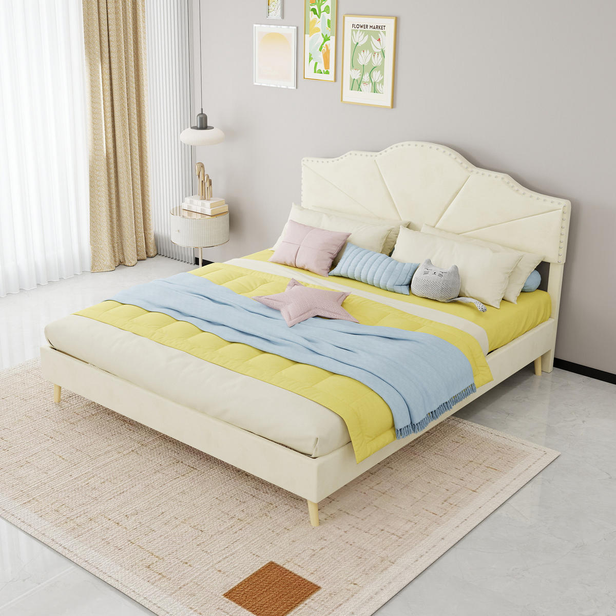 POLSTERBETT 160/200 cm in Beige Stoff mit Gepolstertem Kopfteil Metallbett im Geometrischen Design - Beige/Naturfarben, Holzwerkstoff/Textil (160/200cm) - STILVORA