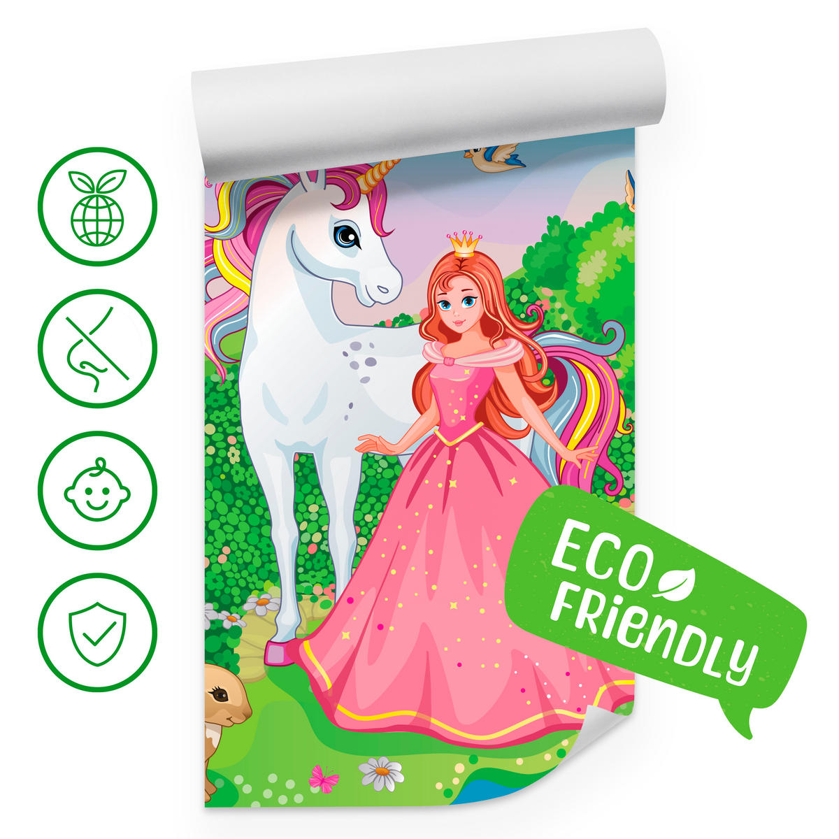 FOTOTAPETE für Kinderzimmer Prinzessin Einhorn Schloss Wasserfall Blumen 350x256 - Blau/Gelb, Papier (350/256cm) - Muralo