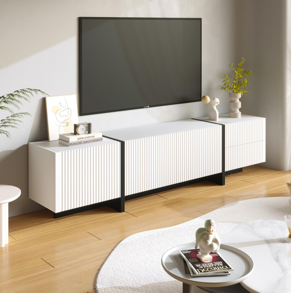 TV-SCHRANK aus MDF und Spanplatte 190x35x45 cm Schwarz/Weiß mit 3 Türen, 2 Schubladen und Dämpfungsscharnieren - Weiß, Holzwerkstoff (190/45/35cm) - Modfu