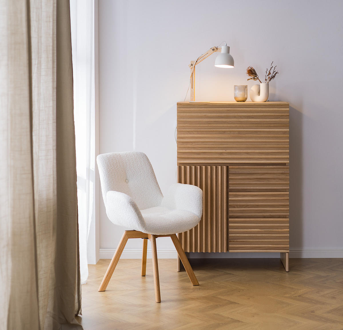 POLSTERSTUHL - Massivholz / Textil - Eiche - Weiß, Eichenholz/Holz (61/84/61cm) - home24