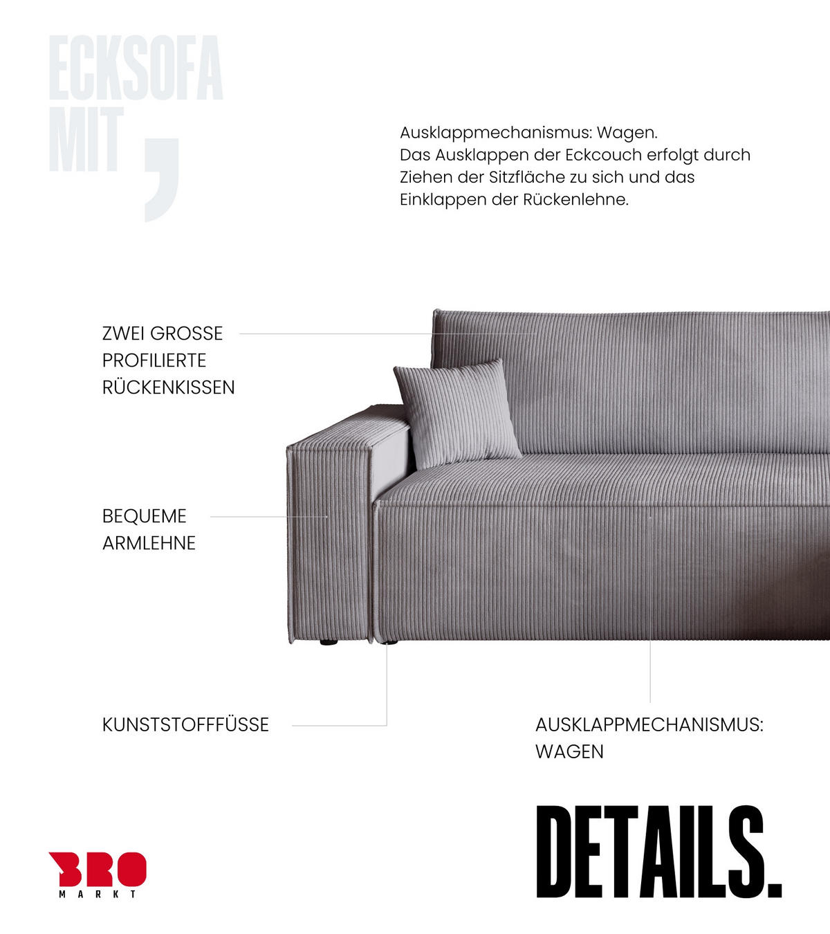 ECKSOFA ADI mit Schlaffunktion Hellgrau Cord - Hellgrau, Textil (244/143cm) - Bromarkt