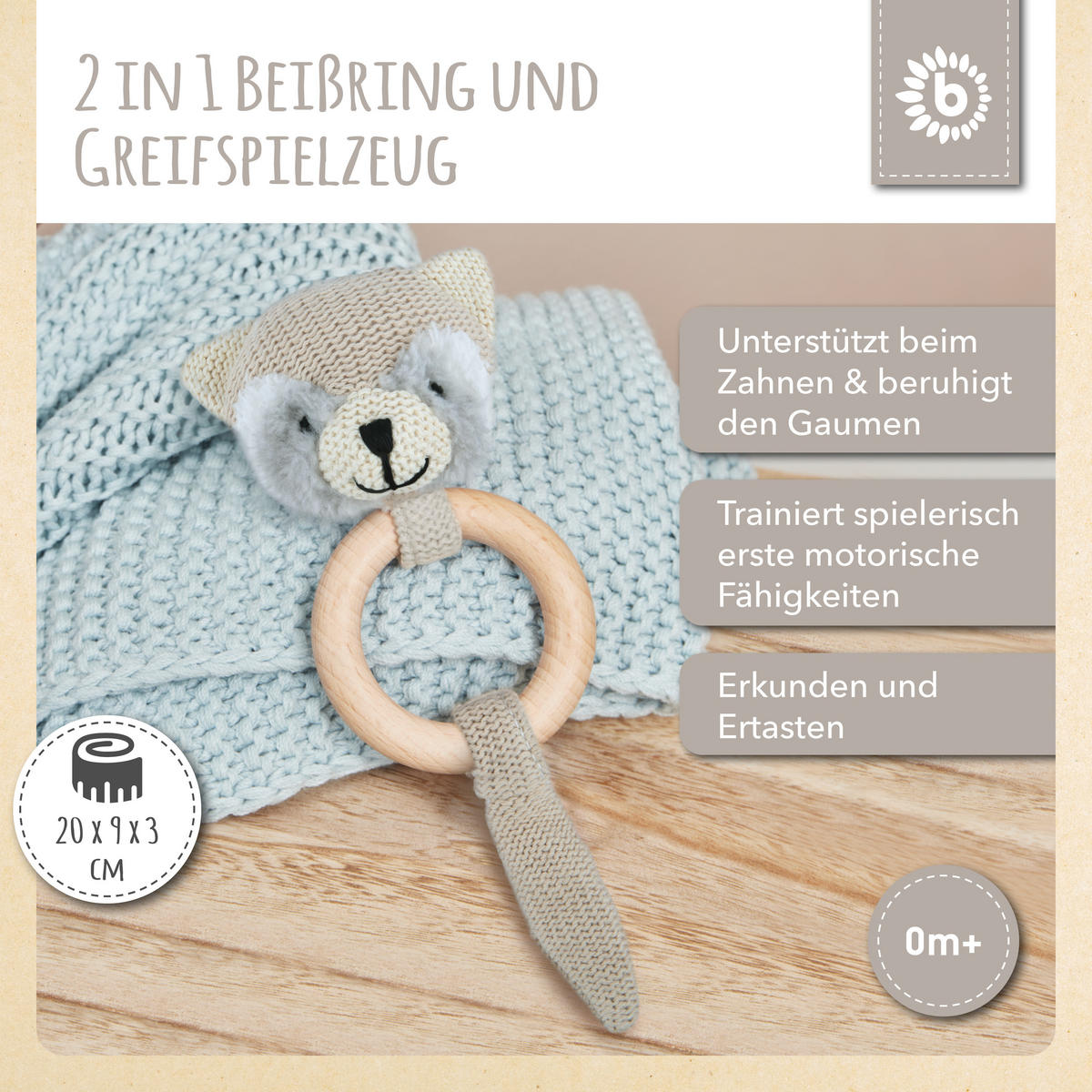 GREIFLING Holz Natur und Baumwolle mit R - Beige, Textil (9/20cm) - Bieco Spielwaren