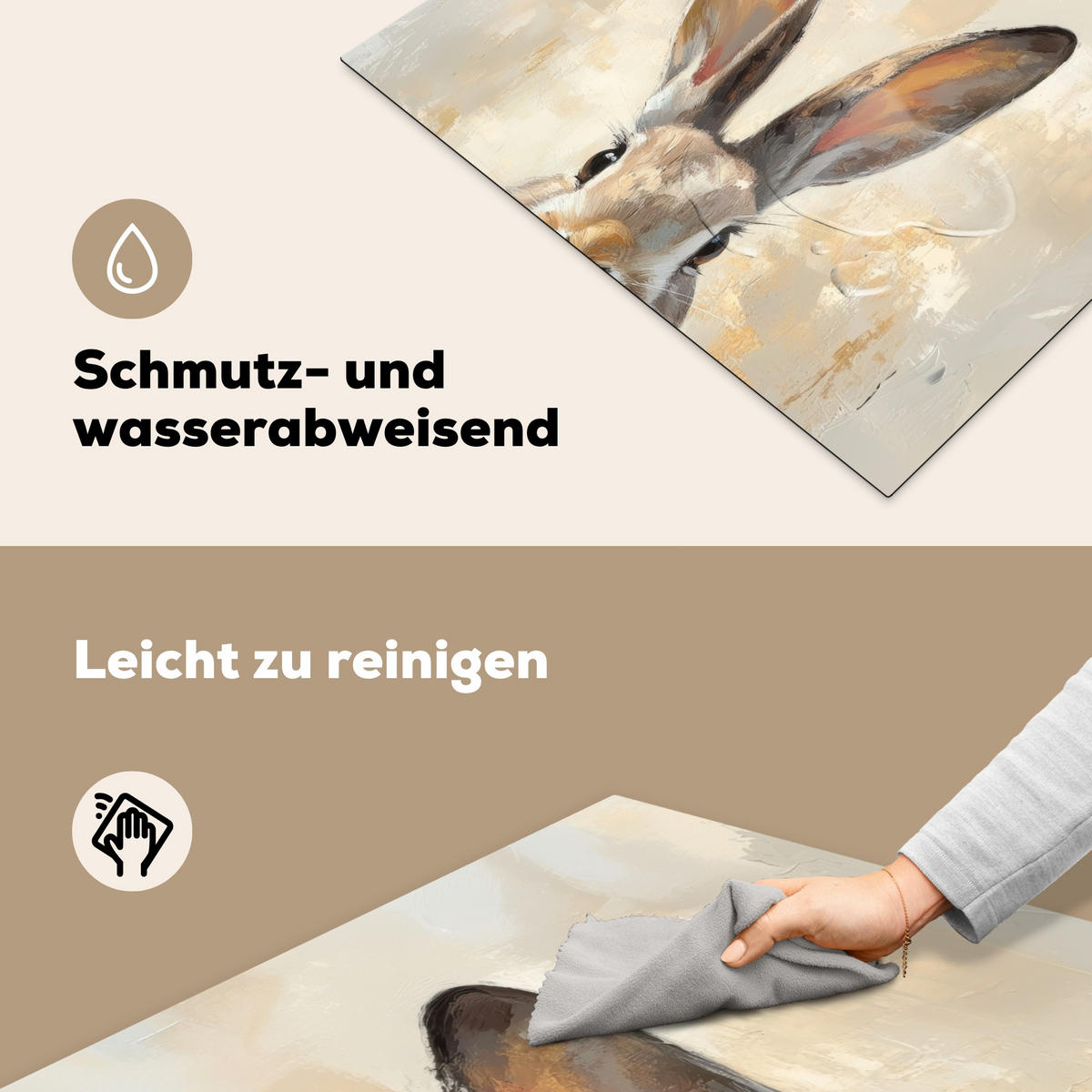 HERDABDECKPLATTE Hase - Ohren - Braun Induktionsmatte 77x59 cm - Beige, Kunststoff (77/59/0.2cm) - MuchoWow