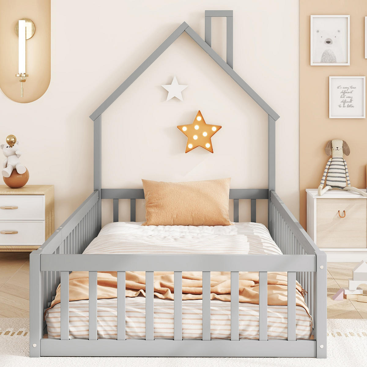 HAUSBETT 90x200cm Grau Kiefer Schornsteinform Minimalistisch - Grau, Holz (90/200cm) - FLIEKS