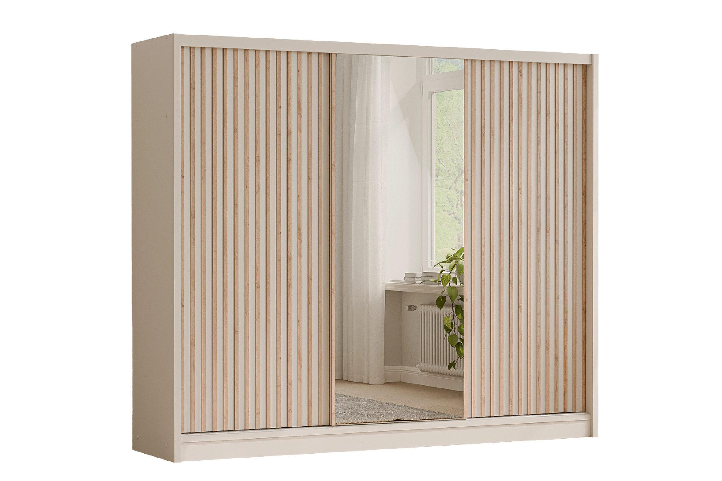 SCHWAEBETÜRENSCHRANK NEW YOURK LUX 250/215/61 cm in Kaschmir mit Lamellen und Spiegel - Kaschmir, Holzwerkstoff (250/215/61cm) - Deine Möbel 24