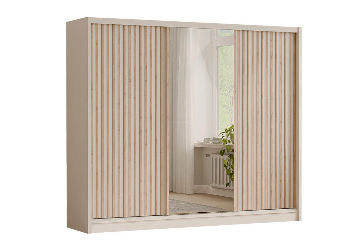 SCHWAEBETÜRENSCHRANK NEW YOURK LUX 250/215/61 cm in Kaschmir mit Lamellen und Spiegel - Kaschmir, Holzwerkstoff (250/215/61cm) - Deine Möbel 24