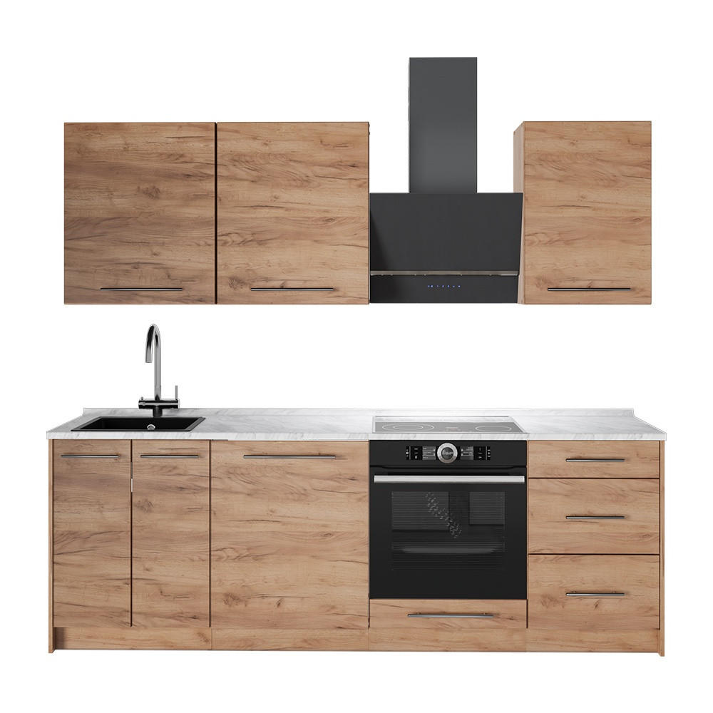 KÜCHENZEILE Fame-Line, Goldkraft Eiche/Goldkraft Eiche, 230 cm, AP Marmor - Honigeiche, Holzwerkstoff (230/82/60cm) - Vicco