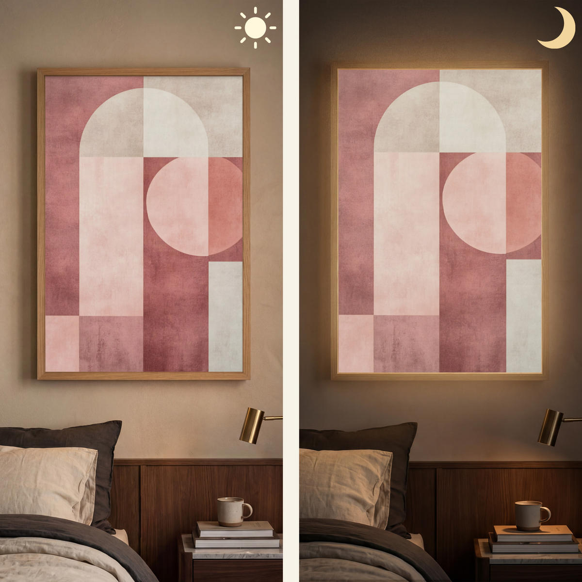 NÁSTĚNNÁ LAMPA S AKUMULÁTOREM Postavy - Abstraktní - Růžová 60x90 cm - starorůžová, kompozitní dřevo (60/90/8cm) - OnlyWow