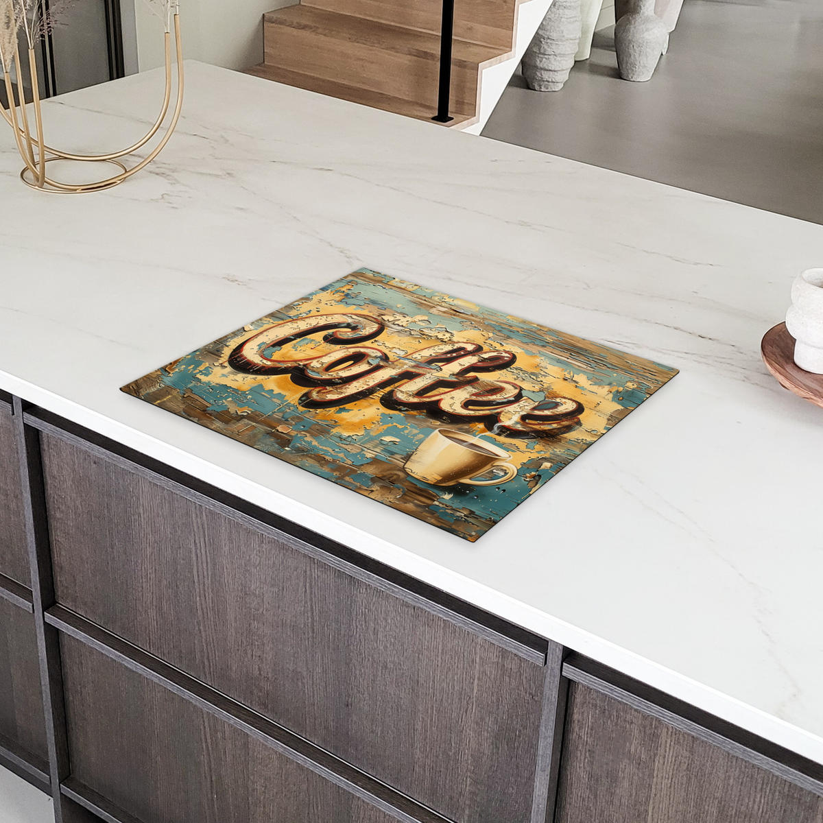 HERDABDECKPLATTE Kaffee - Vintage - Braun - Tasse Herdabdeckung Induktionsfeld 65x52 cm - Teakfarben, Kunststoff (65/52/0.2cm) - MuchoWow