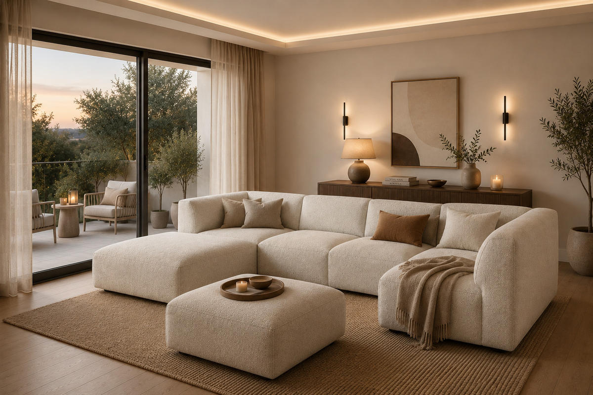 WOHNLANDSCHAFT MOVO - modulares Ecksofa cream – modernes Design und flexible Gestaltung, links - Dunkelgrün/Bordeaux, Kunststoff/Textil (156/78/345cm) - KS Home Concept