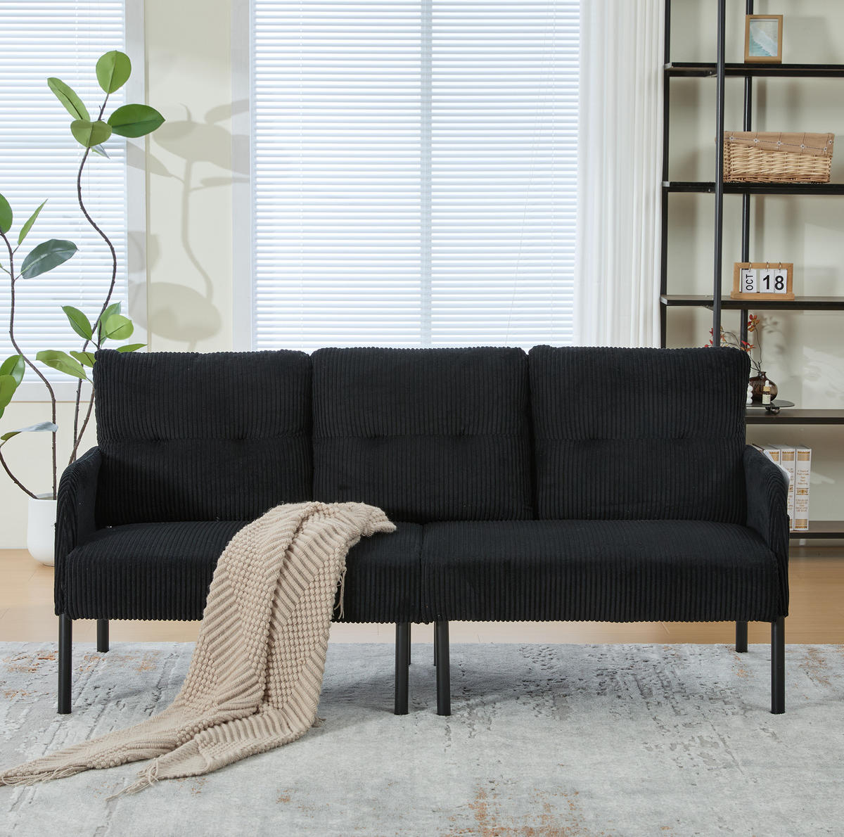SOFA mit Seitentasche 171 x 72 x 80 cm Cord Schwarz 3-Sitzer - Schwarz, Textil (171/80/72cm) - IVMEU