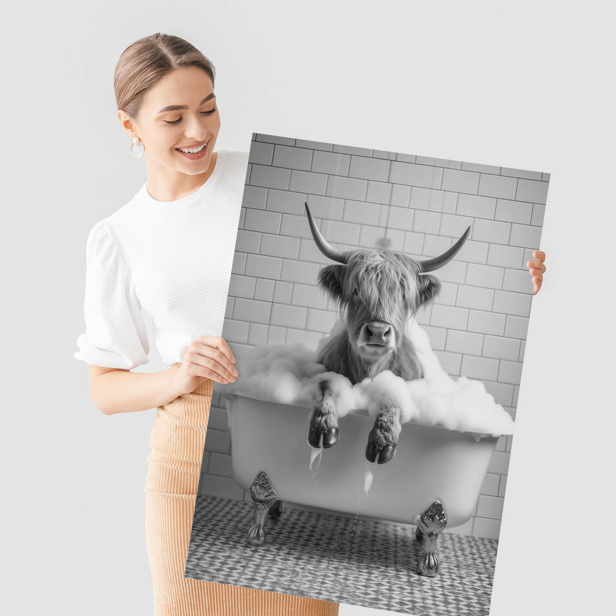 POSTER für WC Badezimmer SCHOTTISCHE KUH in Badewanne Schwarz-Weiß Abstraktion 30x40cm - Schwarz/Weiß, Papier (30/40/40cm) - Muralo