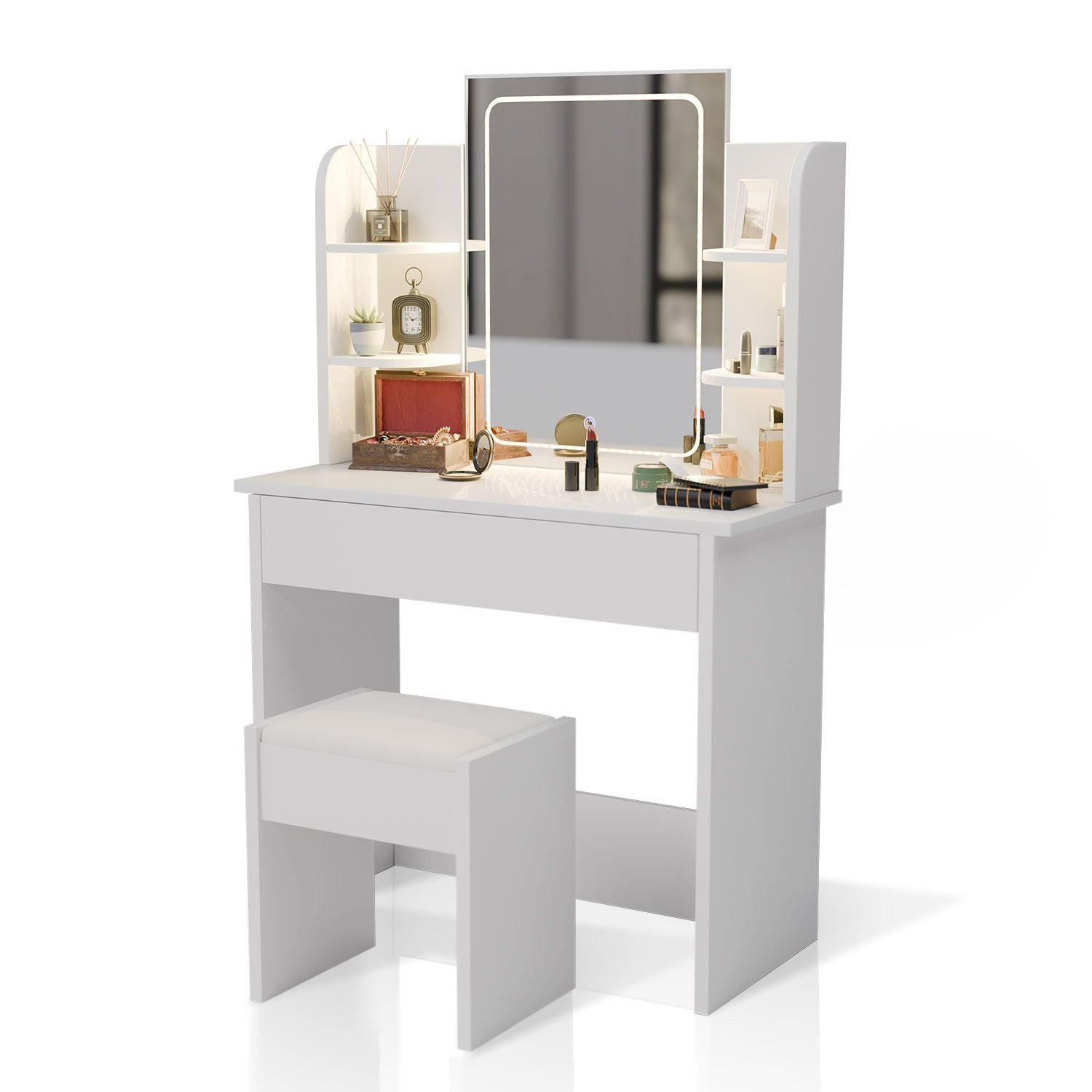SCHMINKTISCH Zoey LED-Spiegel & Hocker Melly - Weiß, Holz (40/140/90cm) - Juskys
