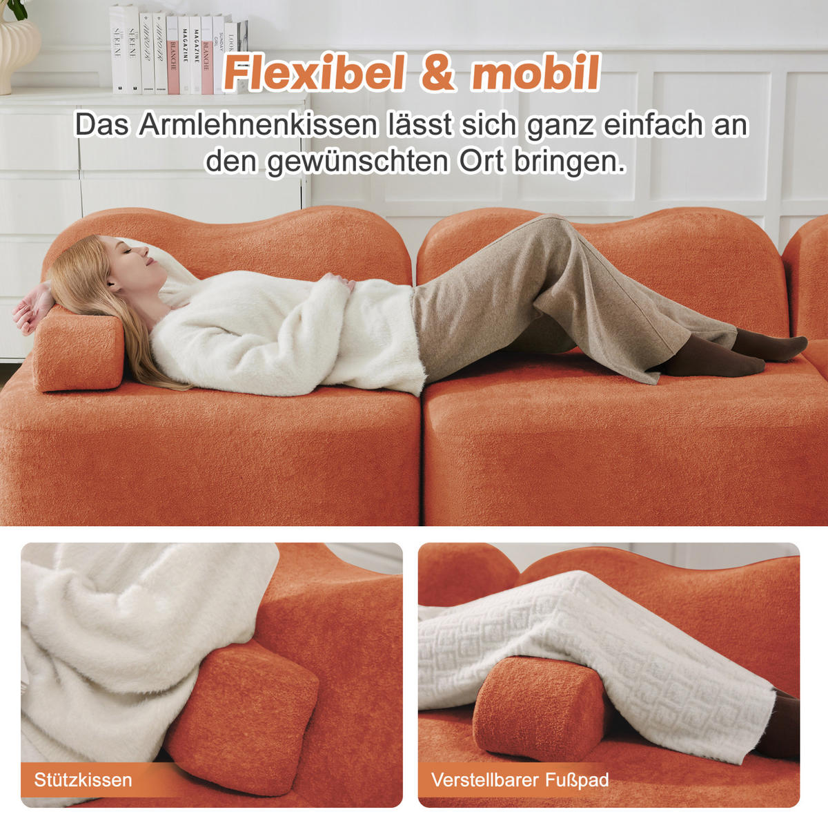 MODULARES 4-Sitzer Sofa aus Samt mit tiefer Sitzfläche Orange - Orange, Textil (98/70/384cm) - Modenvie