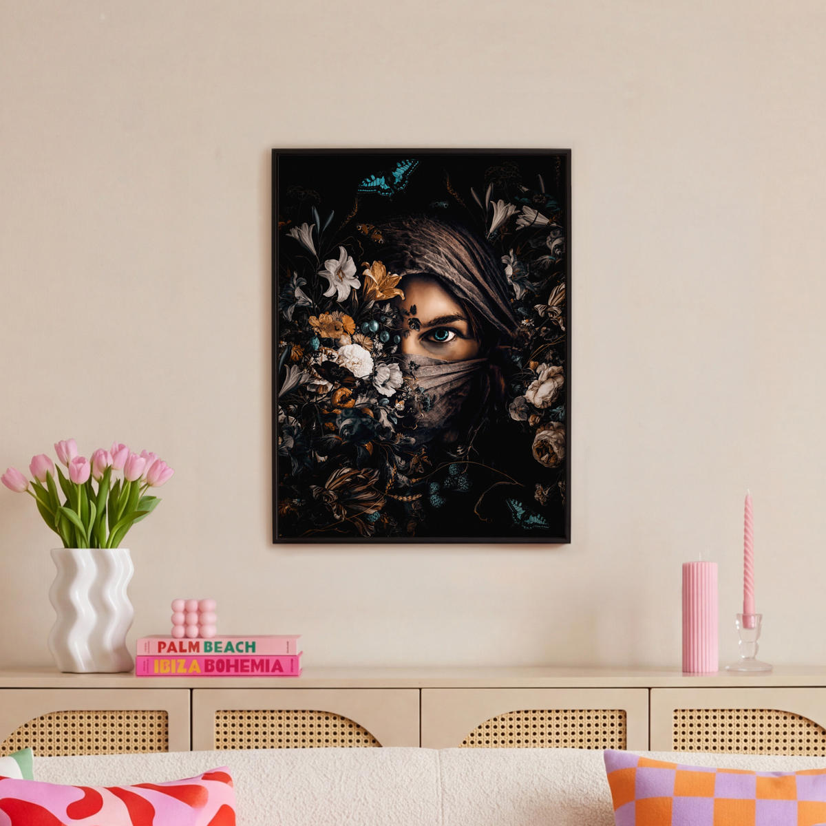 LEINWAND Bilder mit Rahmen - Frau - Luxus - Blumen - Schmetterling - Porträt - 60x80 - Schwarz, Textil (60/80cm) - MuchoWow