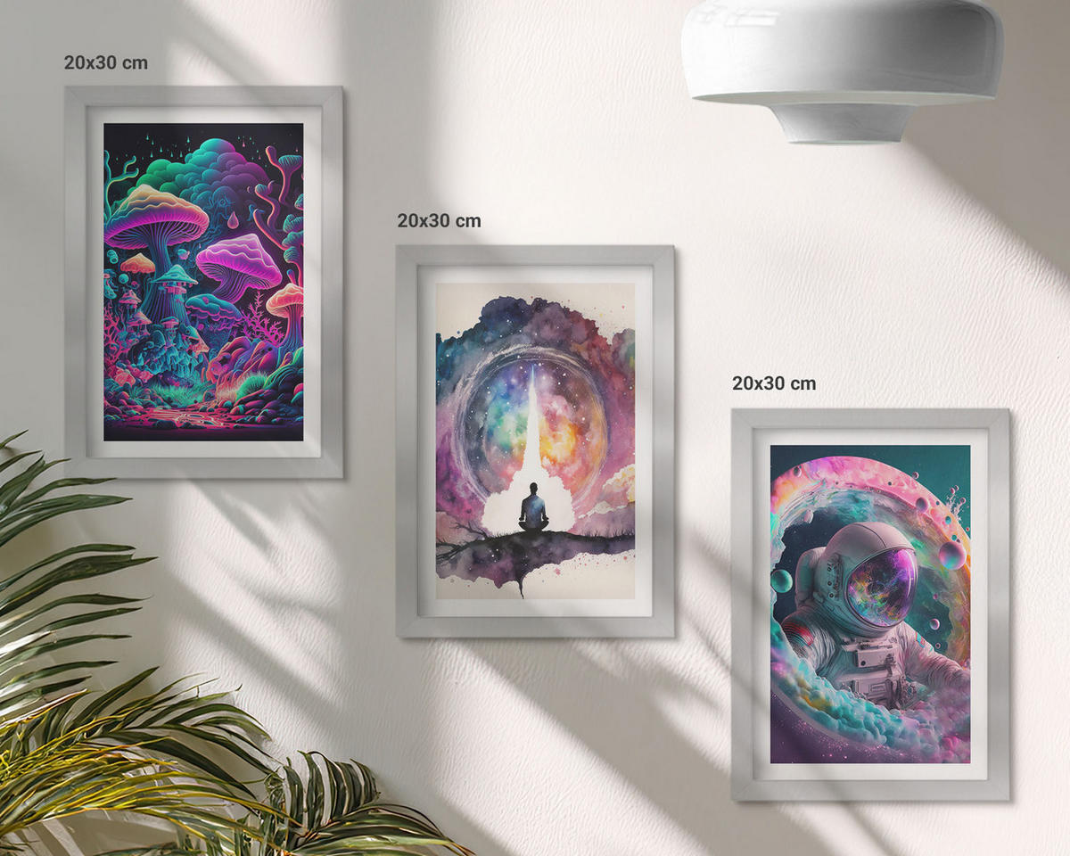 BILDER SET 3er Set - 20x30 cm Silberner Rahmen - Farbenfrohe Fantasy-Kunstillustrationen - Silberfarben, Kunststoff (20/30cm) - TULUP