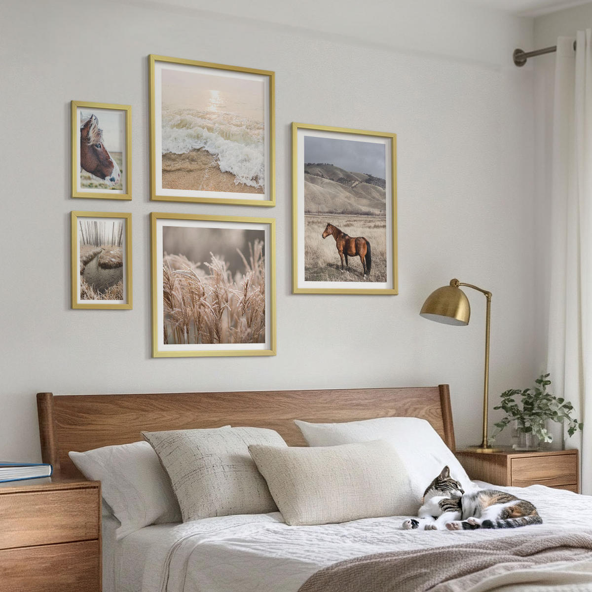 BILDER SET 5er Set - 50x50 cm & 20x30 cm & 40x60 cm Goldrahmen - Pferdelandschaft Seegraswald - Goldfarben, Kunststoff (40/60cm) - TULUP