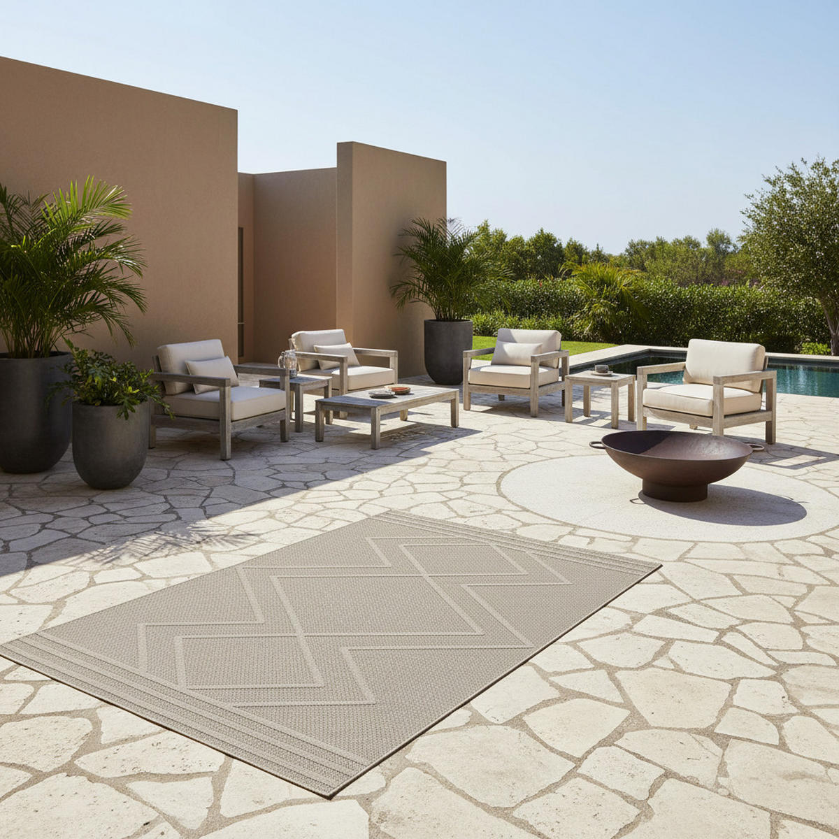 TEPPICH Outdoor Flachgewebe Boho-Muster Polypropylen Küche Beige Rechteckig 240x340 - Beige, Textil (240/340cm) - KADIMA DESIGN