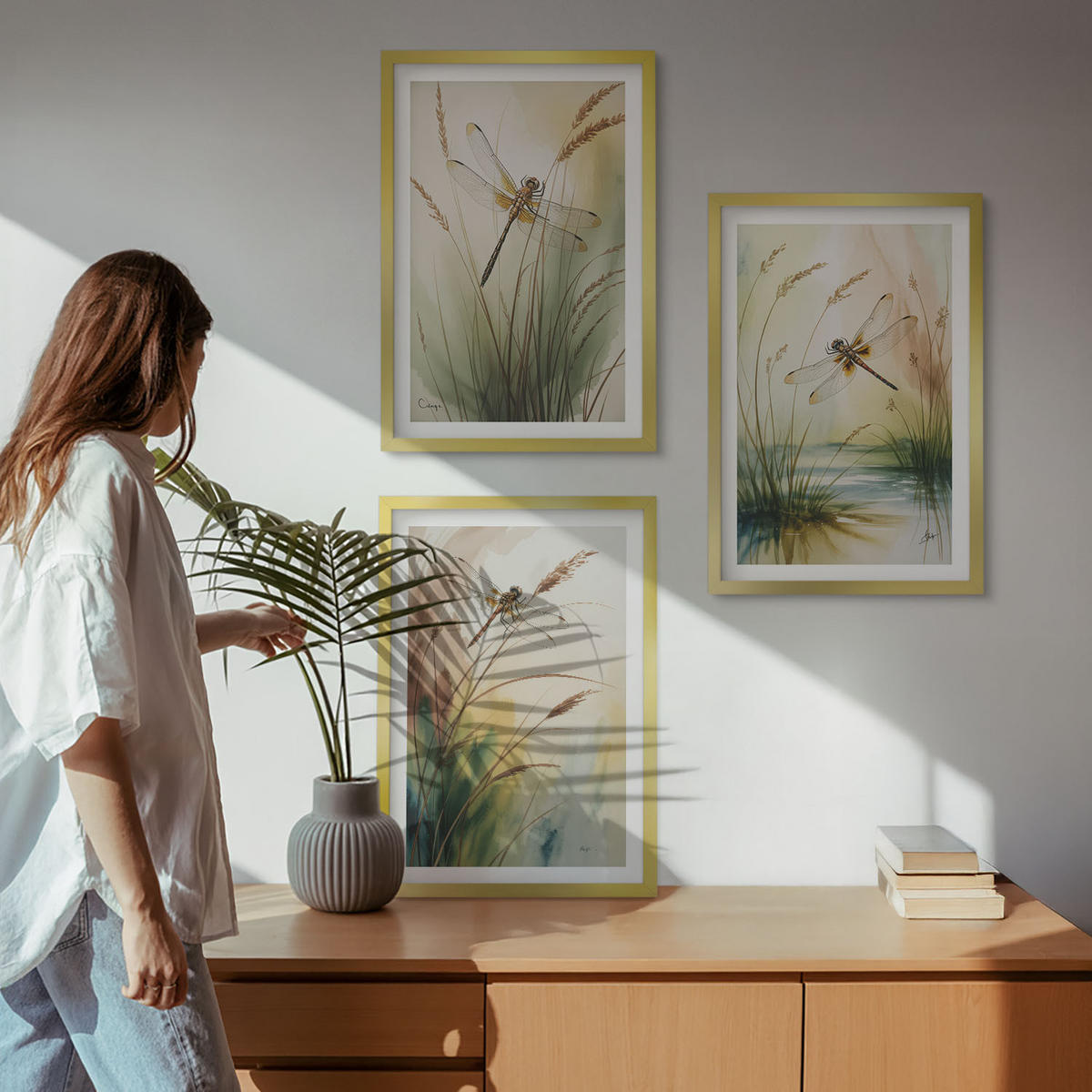 BILDER SET 3er Set - 40x60 cm Goldrahmen - Libellen im Gras, Wassermalerei - Goldfarben, Kunststoff (40/60cm) - TULUP